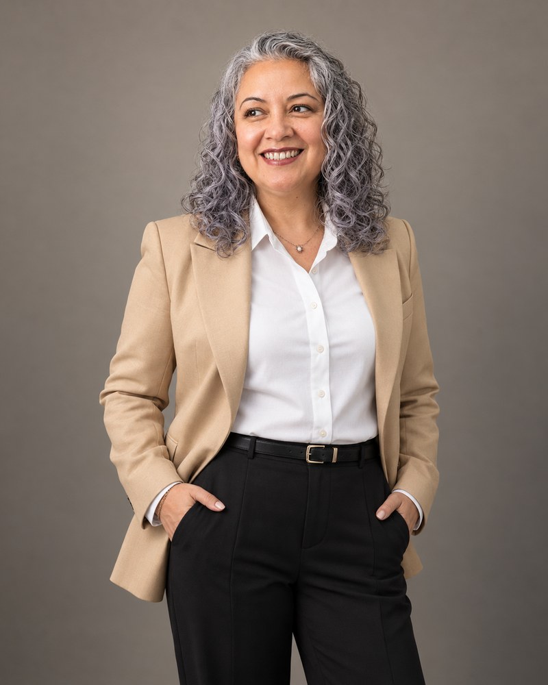 Marcela Dattoli, asesora inmobiliaria de Century 21 Gold Team, retrato profesional de cuerpo entero